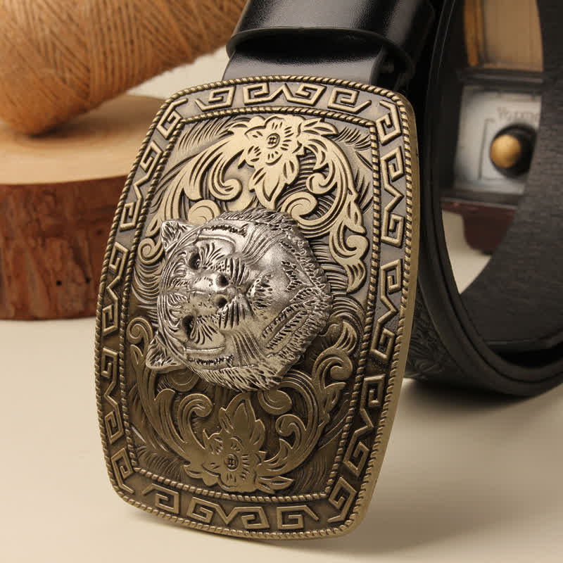 Ceinture en cuir à boucle florale sculptée avec tête de tigre pour homme