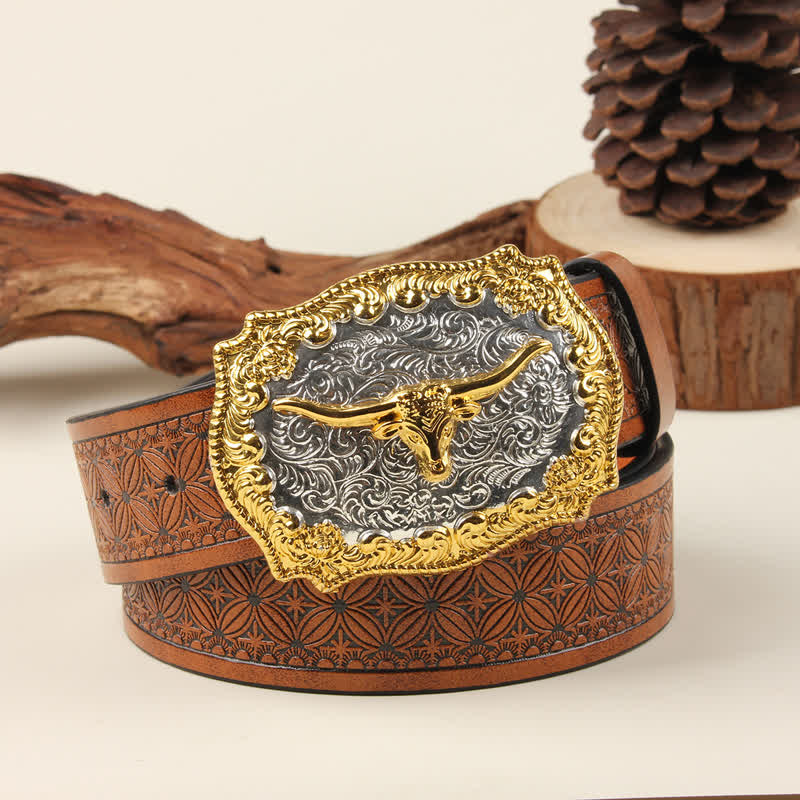 Ceinture en cuir avec boucle de taureau western dorée et argentée