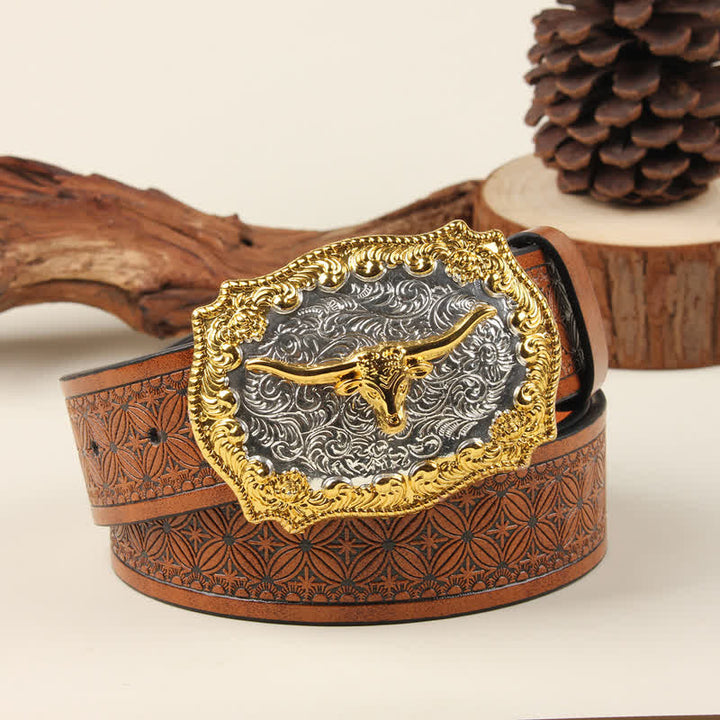 Ceinture en cuir avec boucle de taureau western dorée et argentée