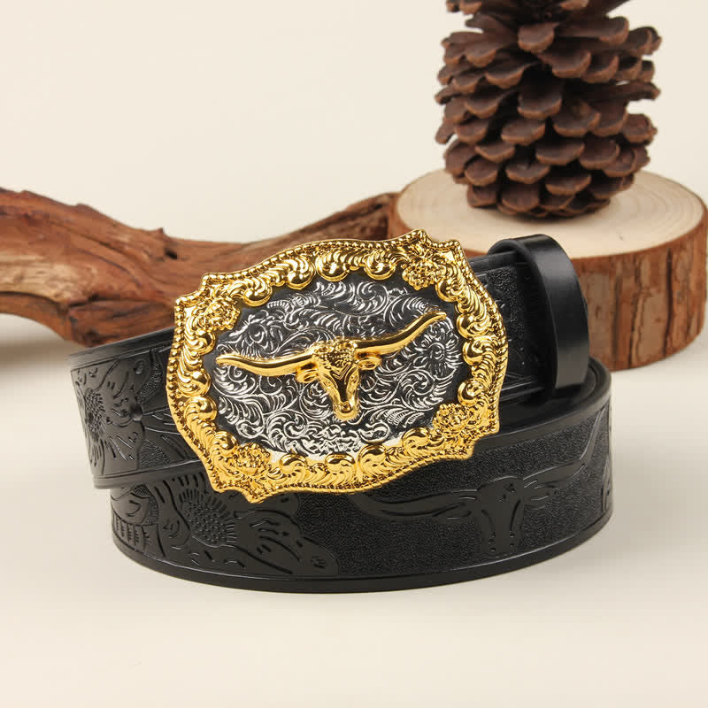 Ceinture en cuir avec boucle de taureau western dorée et argentée