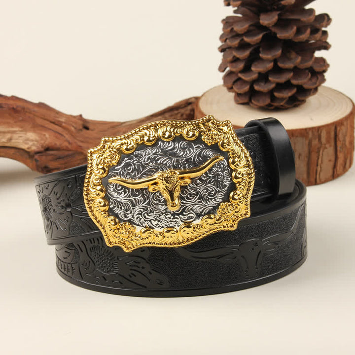 Ceinture en cuir avec boucle de taureau western dorée et argentée