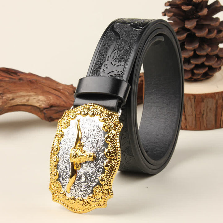 Ceinture en cuir avec boucle de taureau western dorée et argentée