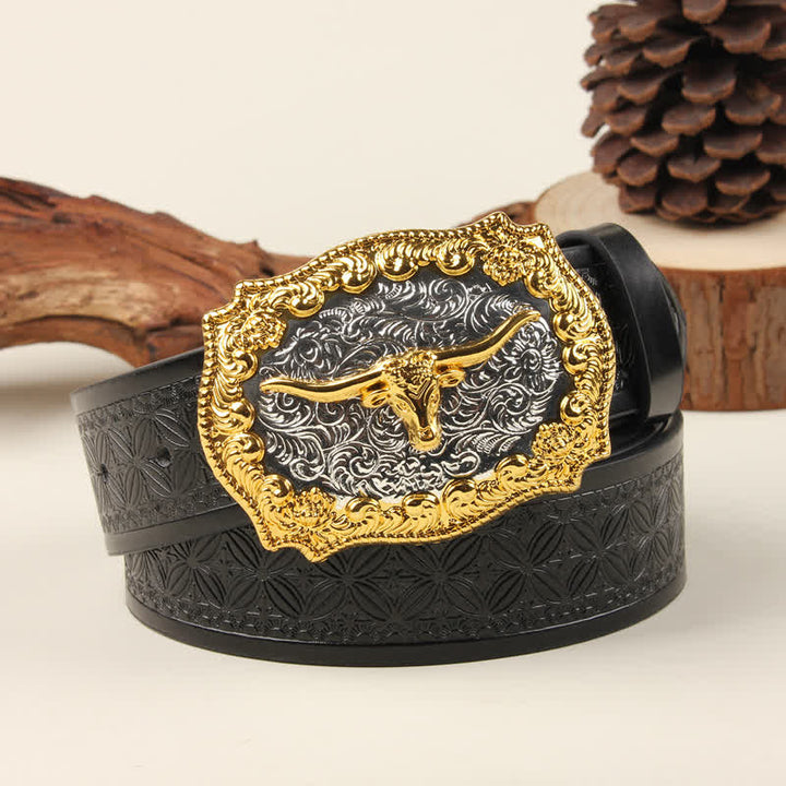 Ceinture en cuir avec boucle de taureau western dorée et argentée