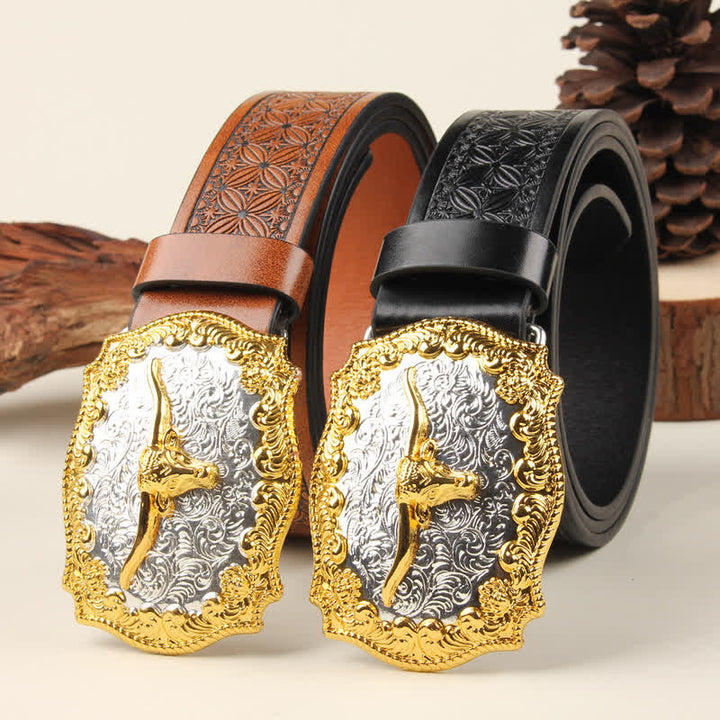 Ceinture en cuir avec boucle de taureau western dorée et argentée