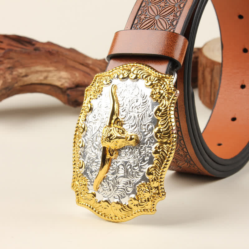 Ceinture en cuir avec boucle de taureau western dorée et argentée