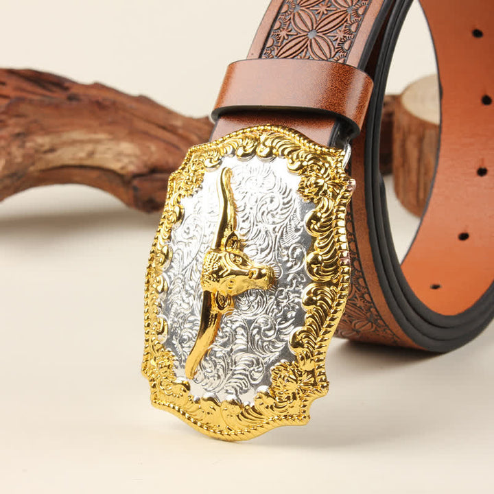 Ceinture en cuir avec boucle de taureau western dorée et argentée