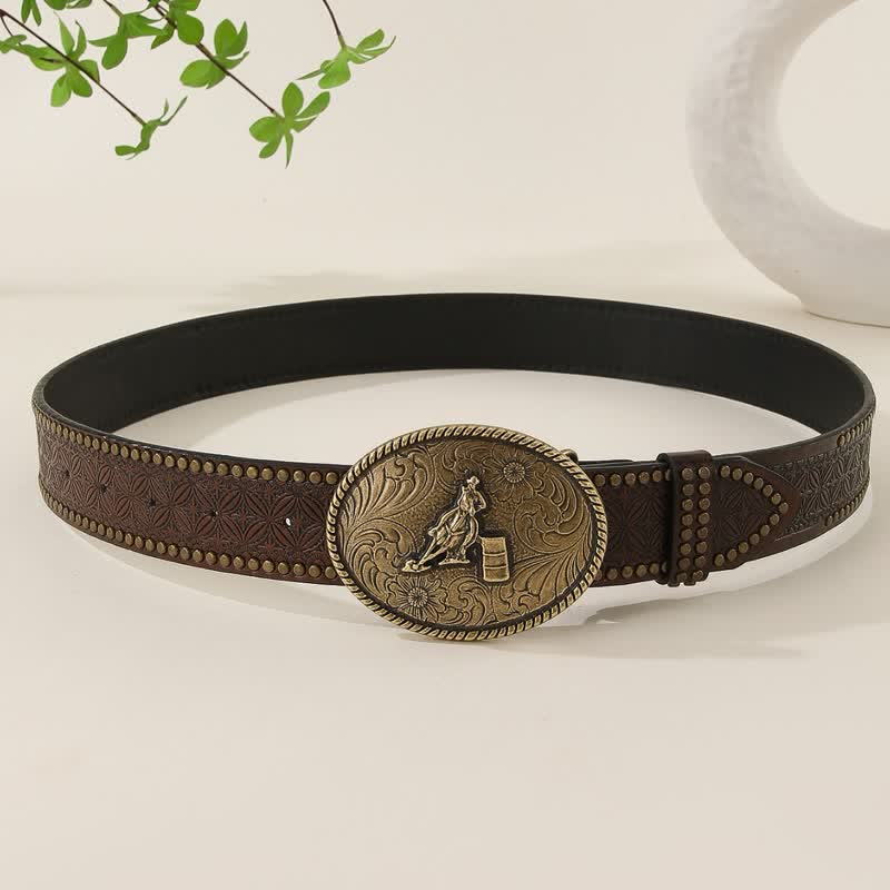 Ceinture en cuir à motif tissé en relief avec rivets de style occidental