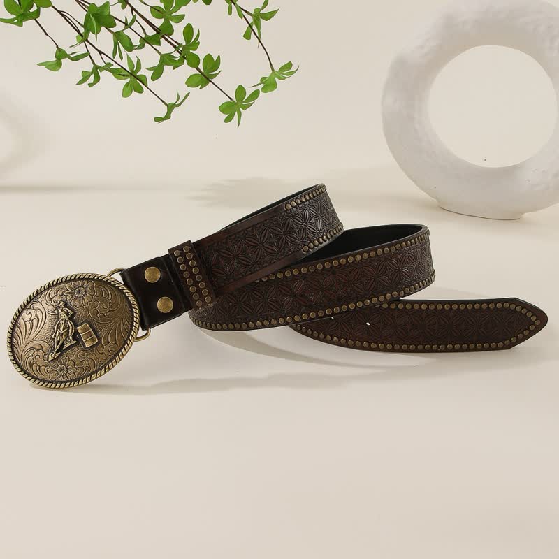 Ceinture en cuir à motif tissé en relief avec rivets de style occidental