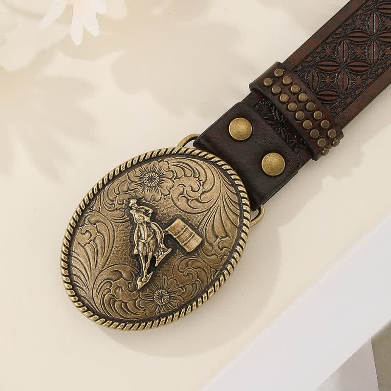 Ceinture en cuir à motif tissé en relief avec rivets de style occidental
