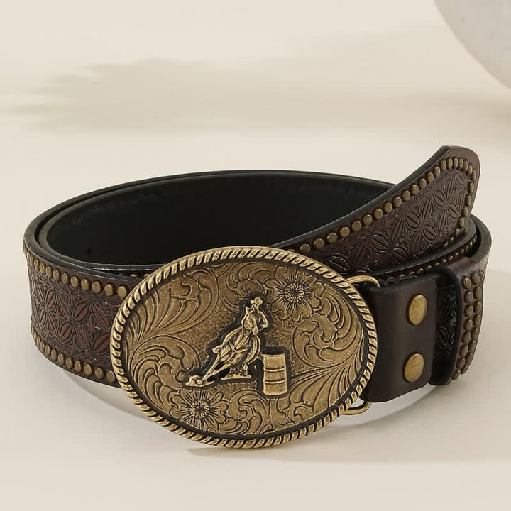 Ceinture en cuir à motif tissé en relief avec rivets de style occidental
