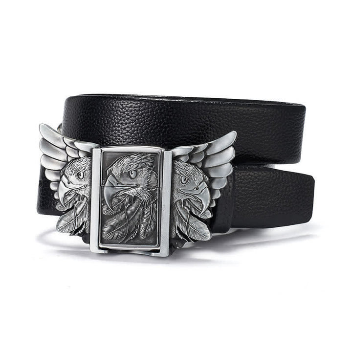 Ceinture en cuir à relief pour hommes avec ailes d'aigle et briquet à pétrole caché