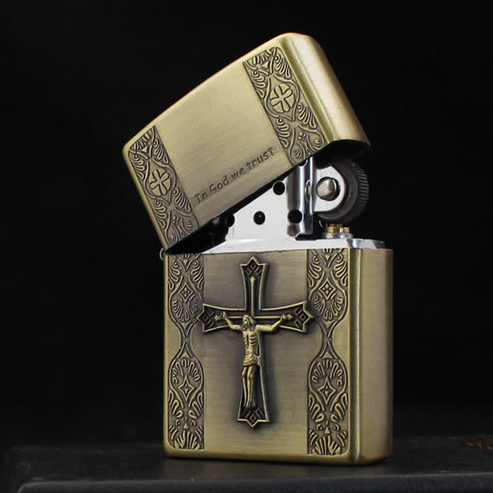 Briquet à huile rechargeable en bronze avec croix de Jésus en relief