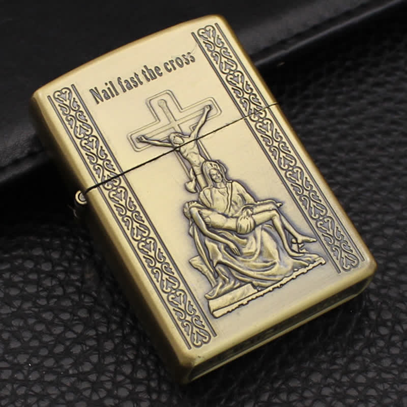 Briquet à huile rechargeable en bronze avec croix de Jésus en relief