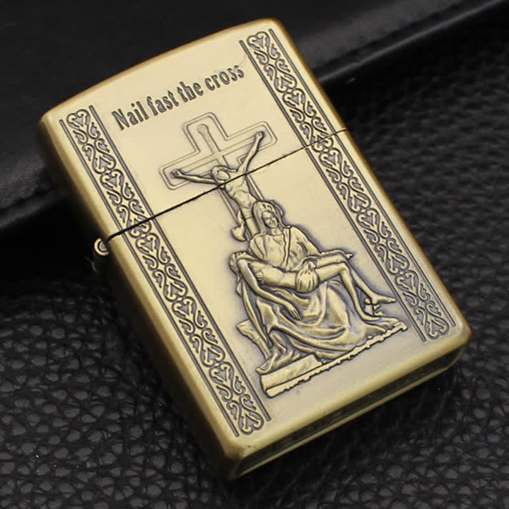 Briquet à huile rechargeable en bronze avec croix de Jésus en relief