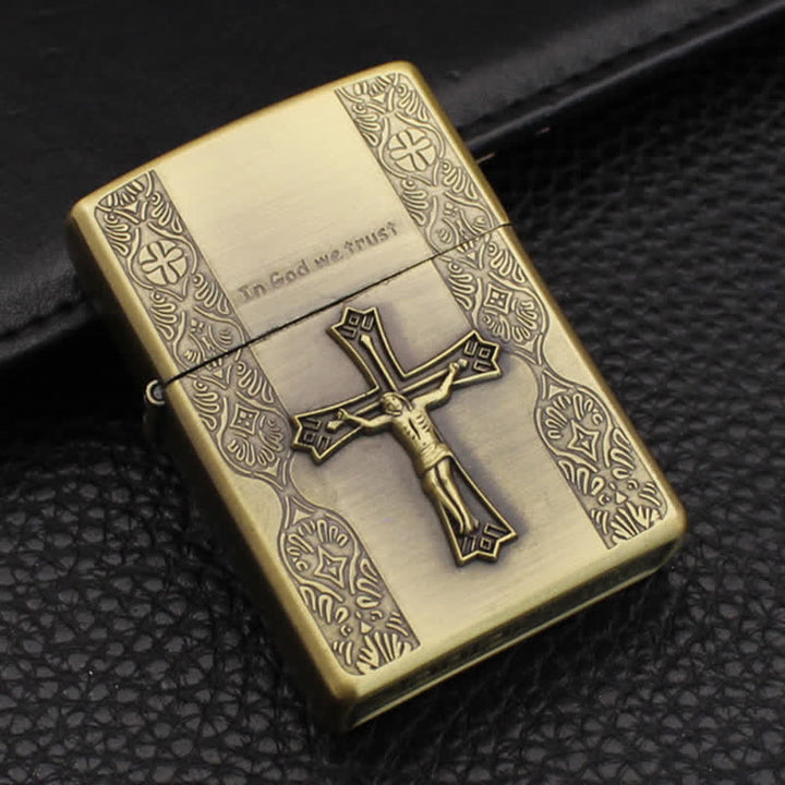 Briquet à huile rechargeable en bronze avec croix de Jésus en relief