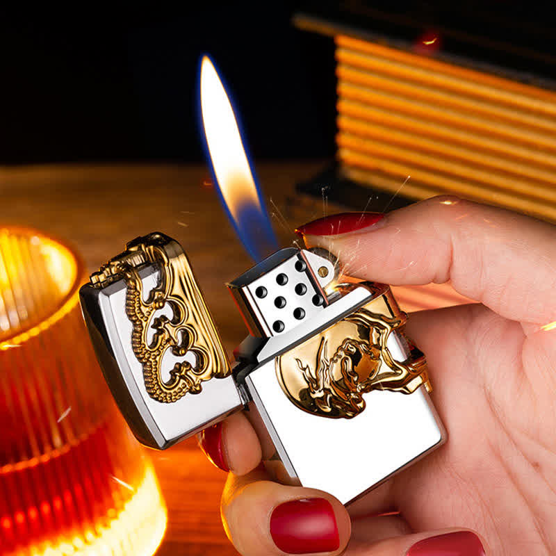 Briquet au butane rechargeable à trois côtés avec tête de mort et couronne en relief 3D