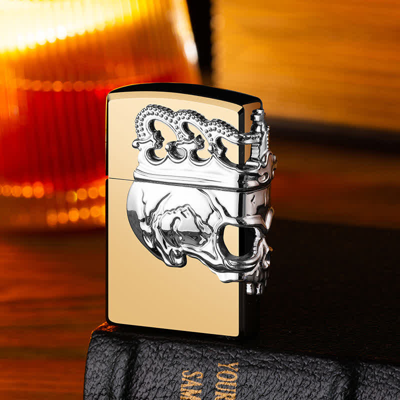 Briquet au butane rechargeable à trois côtés avec tête de mort et couronne en relief 3D