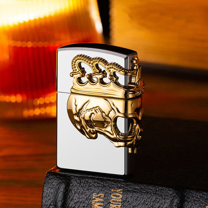 Briquet au butane rechargeable à trois côtés avec tête de mort et couronne en relief 3D