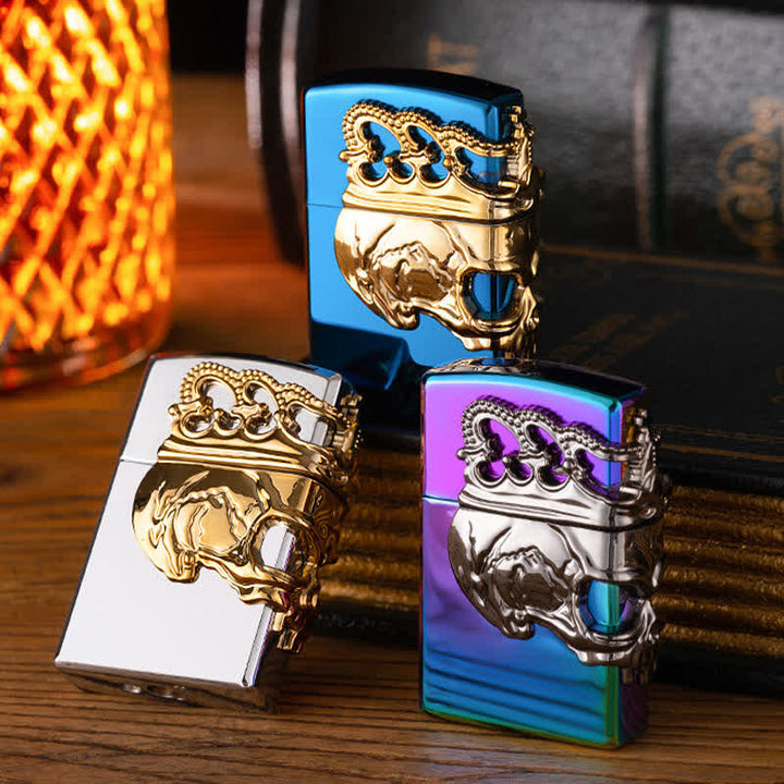 Briquet au butane rechargeable à trois côtés avec tête de mort et couronne en relief 3D