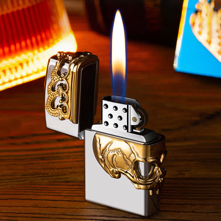 Briquet au butane rechargeable à trois côtés avec tête de mort et couronne en relief 3D