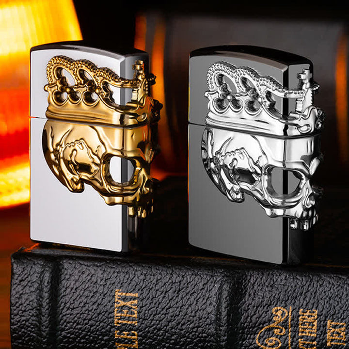 Briquet au butane rechargeable à trois côtés avec tête de mort et couronne en relief 3D