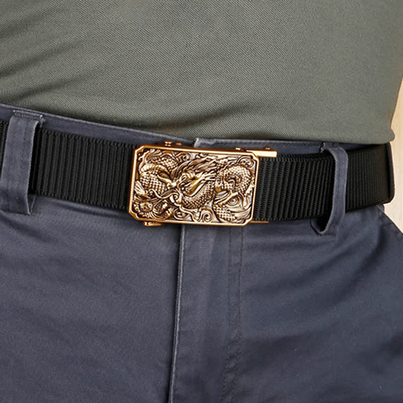 Ceinture en nylon à boucle automatique pour homme avec dragon enroulé en or