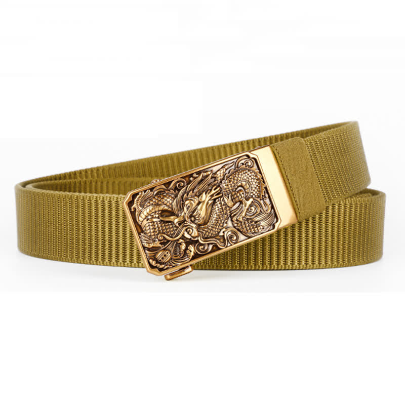 Ceinture en nylon à boucle automatique pour homme avec dragon enroulé en or