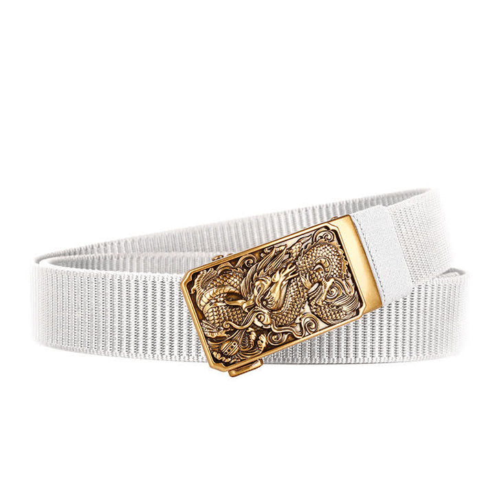 Ceinture en nylon pour homme avec boucle automatique et motif dragon enroulé doré - Blanc - 42 - image 10