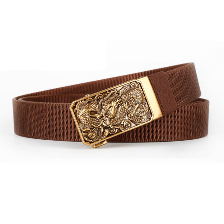 Ceinture en nylon pour homme avec boucle automatique et motif dragon enroulé doré - Café - 42 - image 3