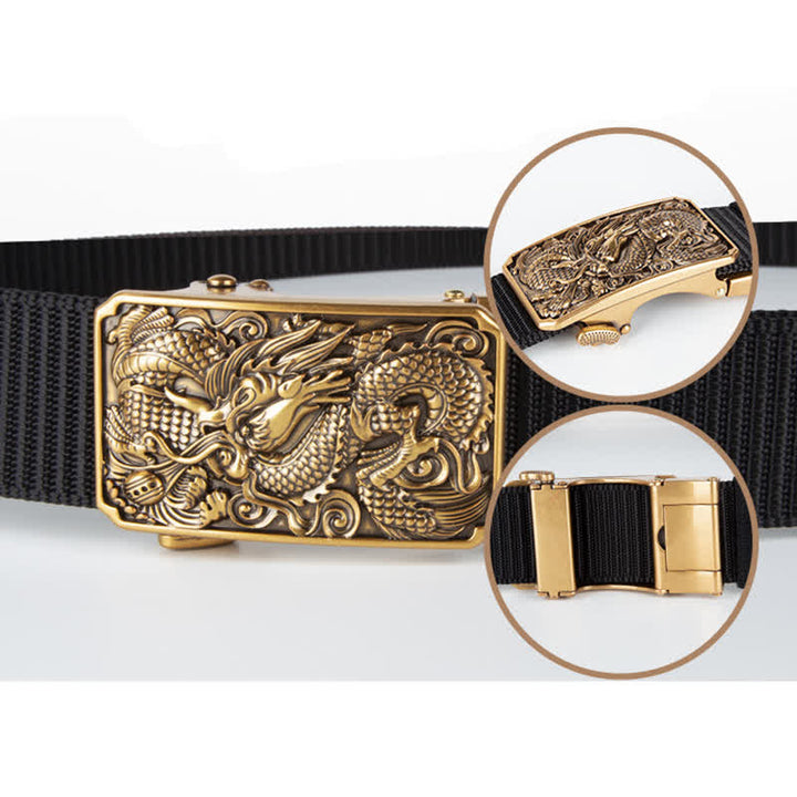 Ceinture en nylon à boucle automatique pour homme avec dragon enroulé en or