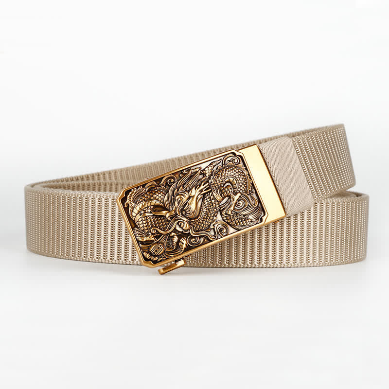 Ceinture en nylon à boucle automatique pour homme avec dragon enroulé en or