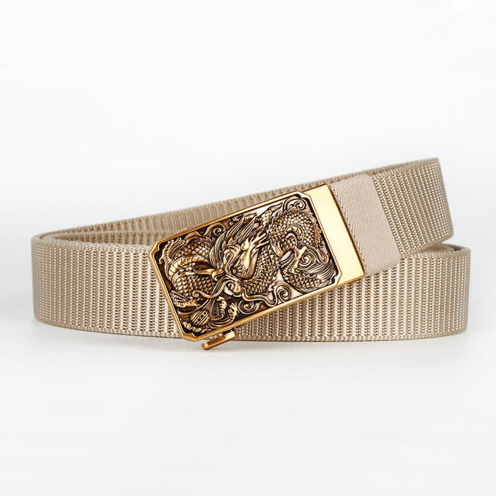 Ceinture en nylon à boucle automatique pour homme avec dragon enroulé en or