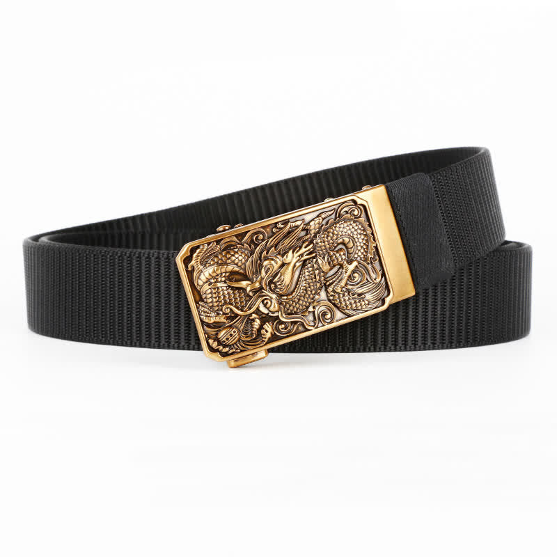 Ceinture en nylon pour homme avec boucle automatique et motif dragon enroulé doré - Noir - 42 - image 0