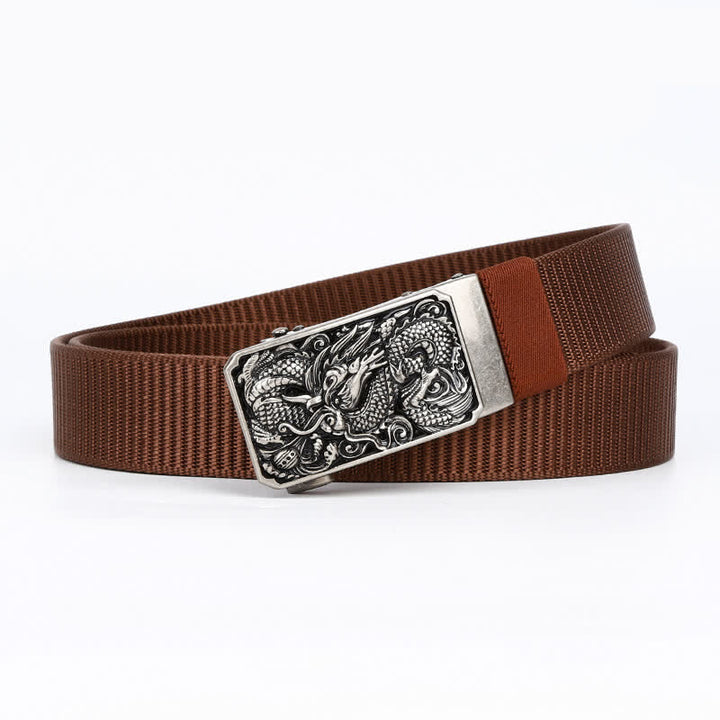 Ceinture en nylon à boucle automatique pour homme avec dragon enroulé argenté