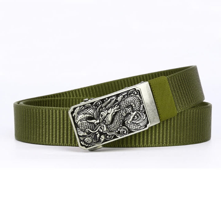 Ceinture en nylon à boucle automatique pour homme avec dragon enroulé argenté