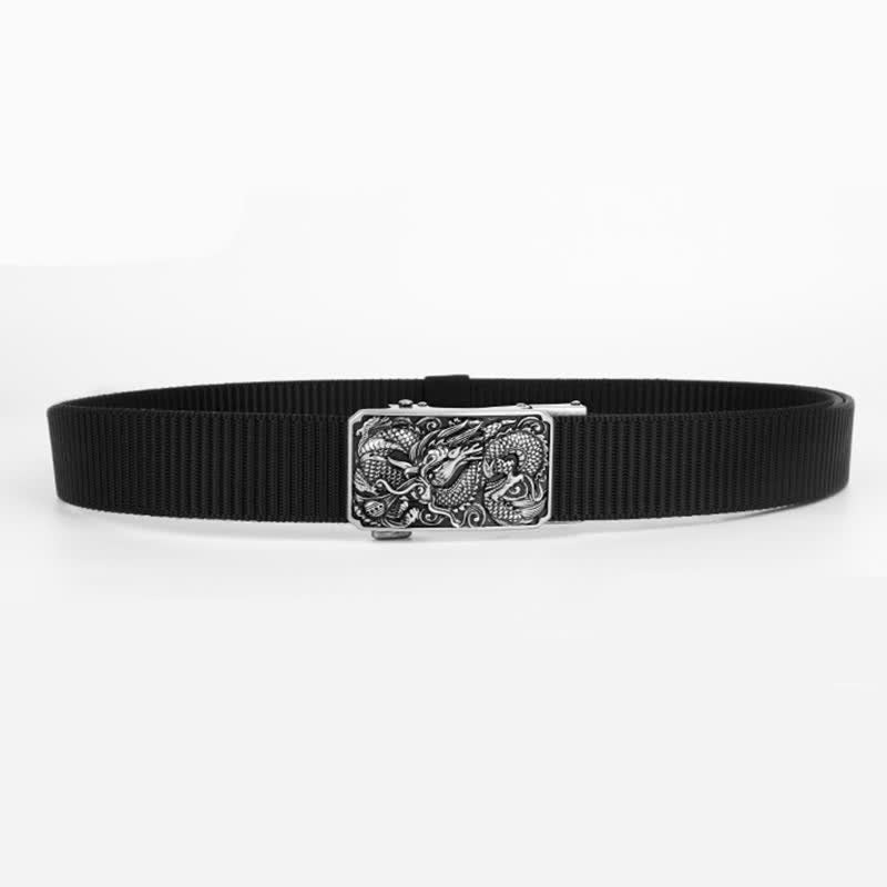 Ceinture en nylon à boucle automatique pour homme avec dragon enroulé argenté