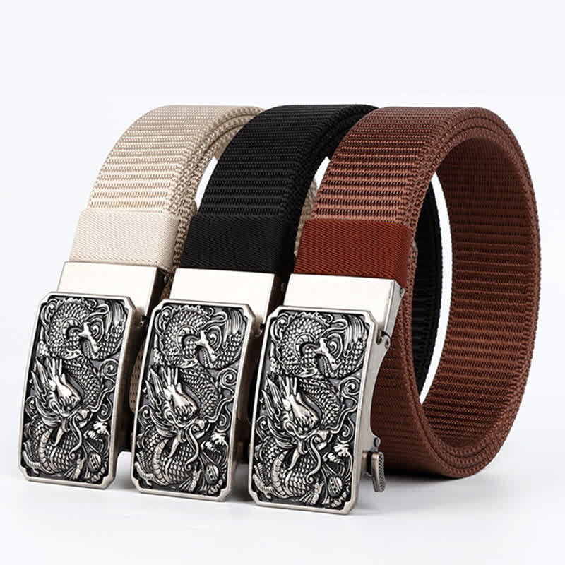 Ceinture en nylon à boucle automatique pour homme avec dragon enroulé argenté