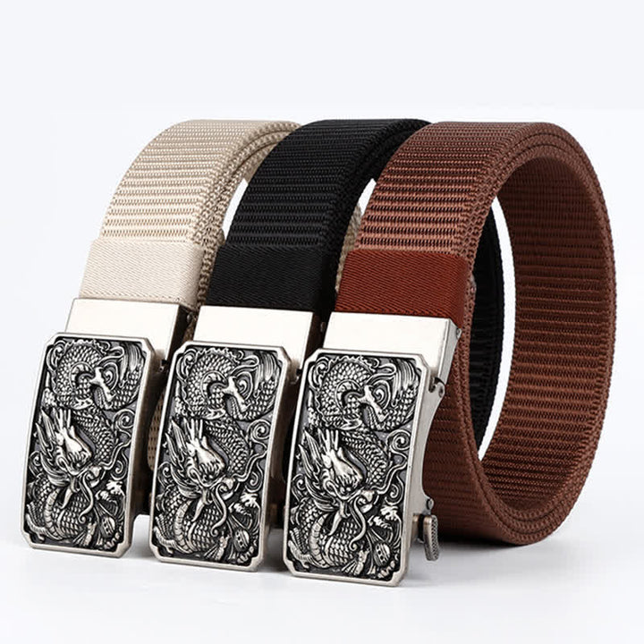 Ceinture en nylon à boucle automatique pour homme avec dragon enroulé argenté