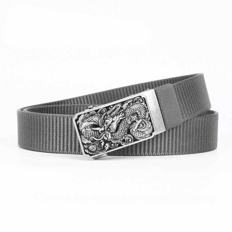 Ceinture en nylon à boucle automatique pour homme avec dragon enroulé argenté