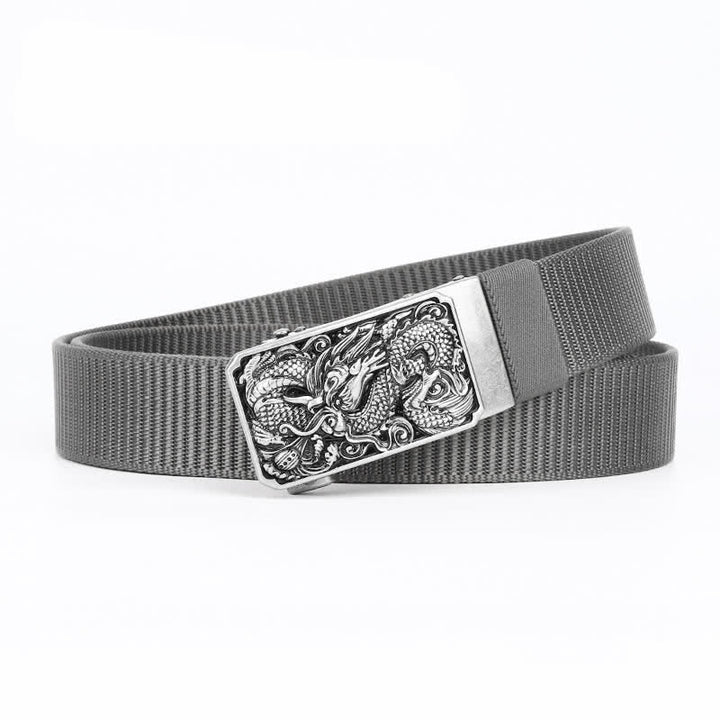 Ceinture en nylon à boucle automatique pour homme avec dragon enroulé argenté