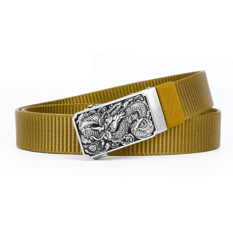 Ceinture en nylon à boucle automatique pour homme avec dragon enroulé argenté