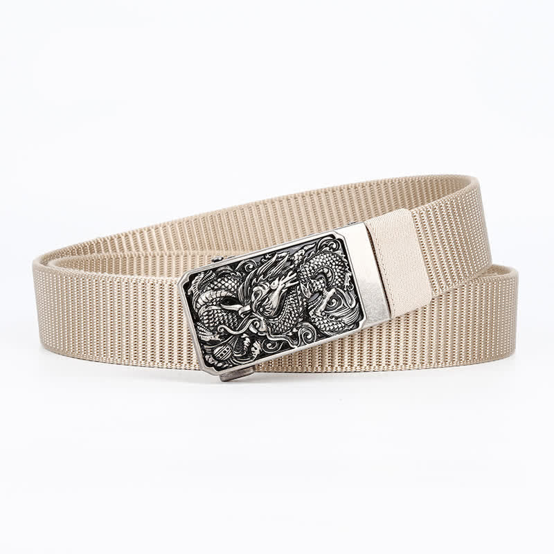 Ceinture en nylon à boucle automatique pour homme avec dragon enroulé argenté