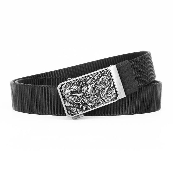 Ceinture en nylon à boucle automatique pour homme avec dragon enroulé argenté