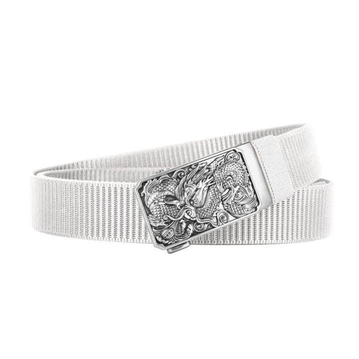 Ceinture en nylon à boucle automatique pour homme avec dragon enroulé argenté