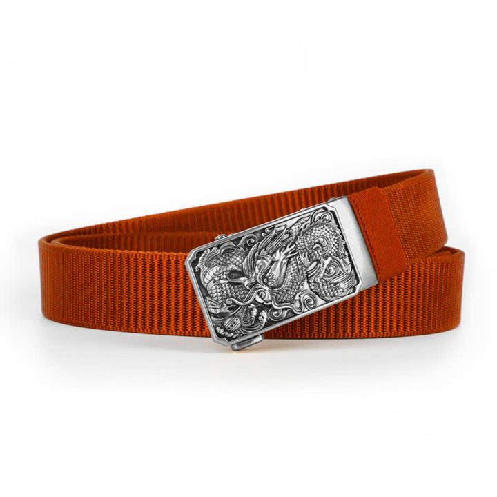 Ceinture en nylon à boucle automatique pour homme avec dragon enroulé argenté