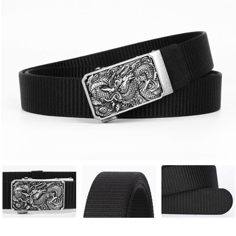 Ceinture en nylon à boucle automatique pour homme avec dragon enroulé argenté