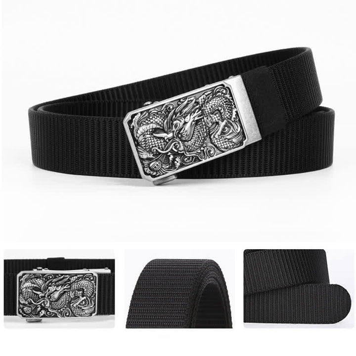 Ceinture en nylon à boucle automatique pour homme avec dragon enroulé argenté