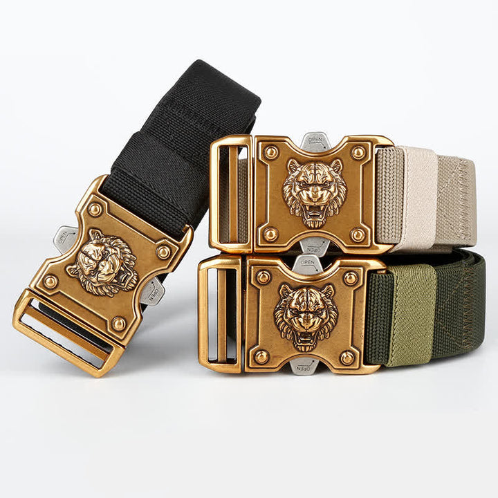 Ceinture en nylon à double fente et boucle à dégagement rapide pour homme avec motif tigre doré