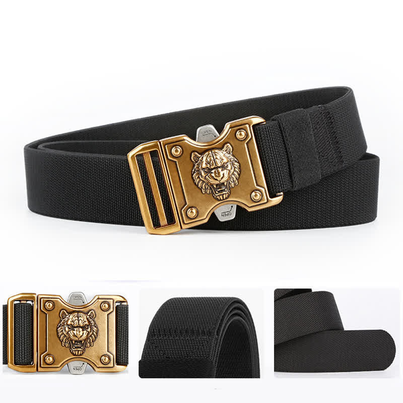 Ceinture en nylon à double fente et boucle à dégagement rapide pour homme avec motif tigre doré