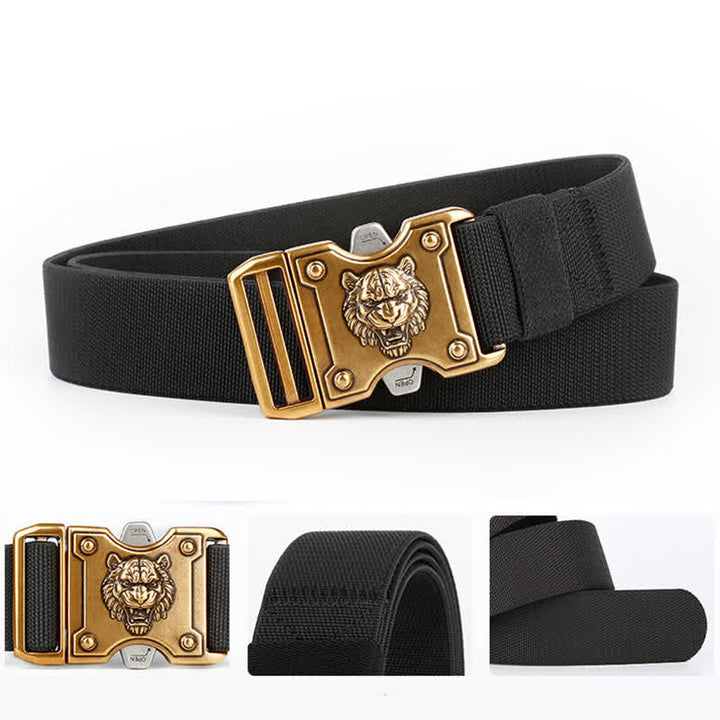 Ceinture en nylon à double fente et boucle à dégagement rapide pour homme avec motif tigre doré